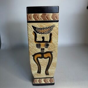 Vintage Tribal Ceramic Vase Mid-Century Square Pottery - African Style 11.5"